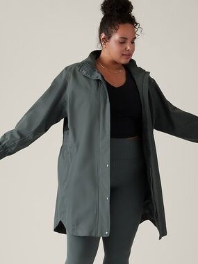 Athleta 2X Rainout Sutro Hooded Long Trench Coat Bali Green Moss sage waterproof